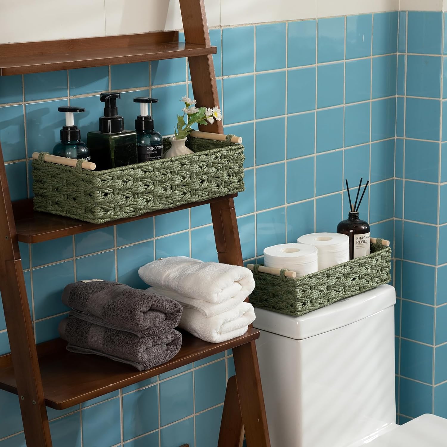 OIAHOMY Toilet Paper Baskets Handmade Paper Rope Decorative Wicker Storage Tank Shelf Cabinet Organizer for Bathroom Home, Set of 2, Green