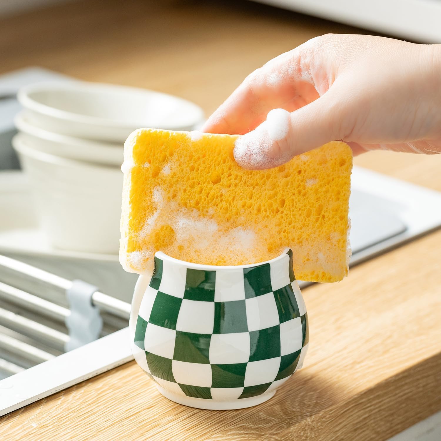Kitchen Sponge Holder, Ceramic Sponge Organizer Checkered Scrubby Holder Sink Caddy Scrub Dish Rack for Kitchen, Bathroom, Sink Decor, Green and White