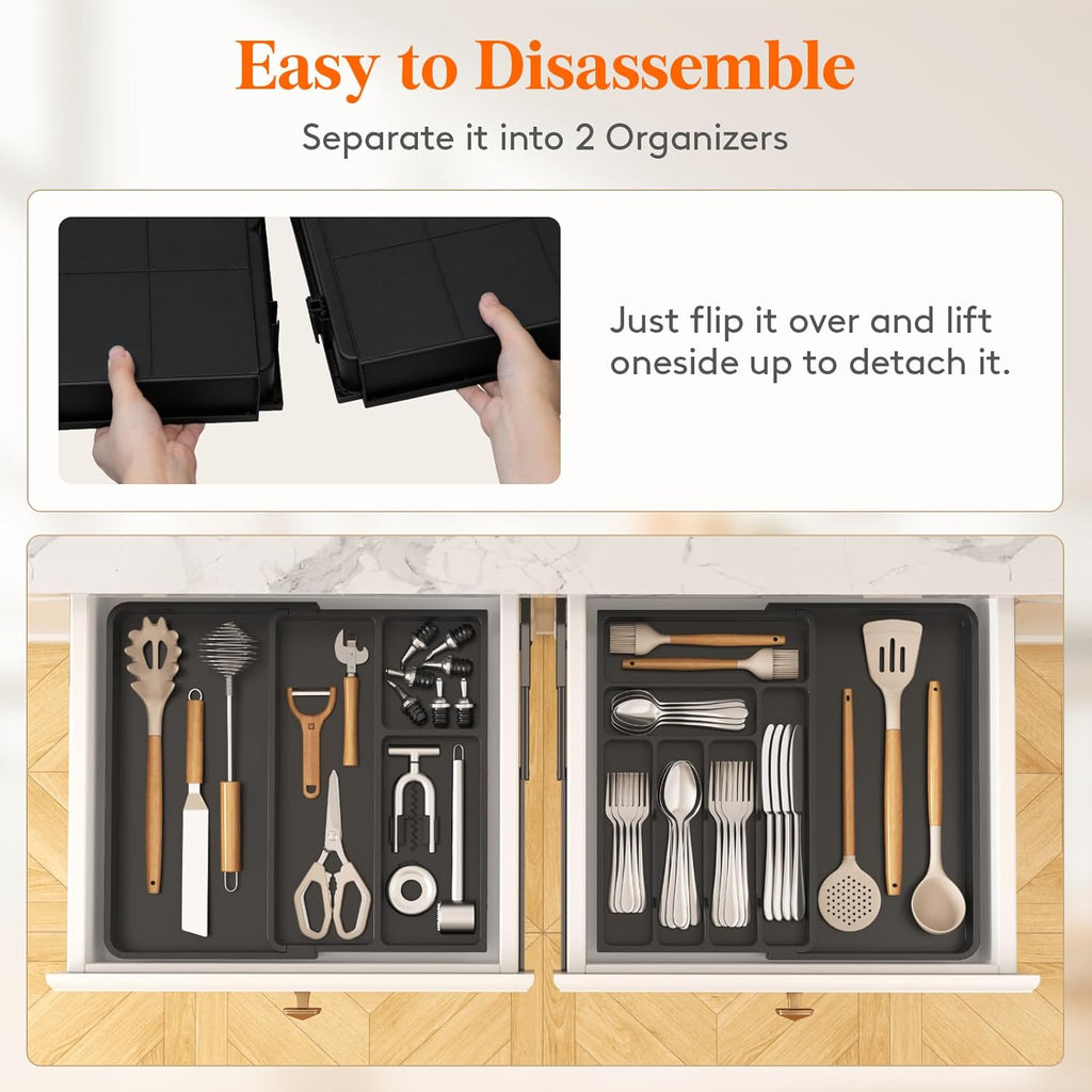 Lifewit Large Silverware Drawer Organizer, Plastic Cooking Utensil Tray for Kitchen, Expandable From 21 to 36 Inches, Adjustable Flatware Cutlery Spoon Fork Knife Spatula Gadgets Holder, Black