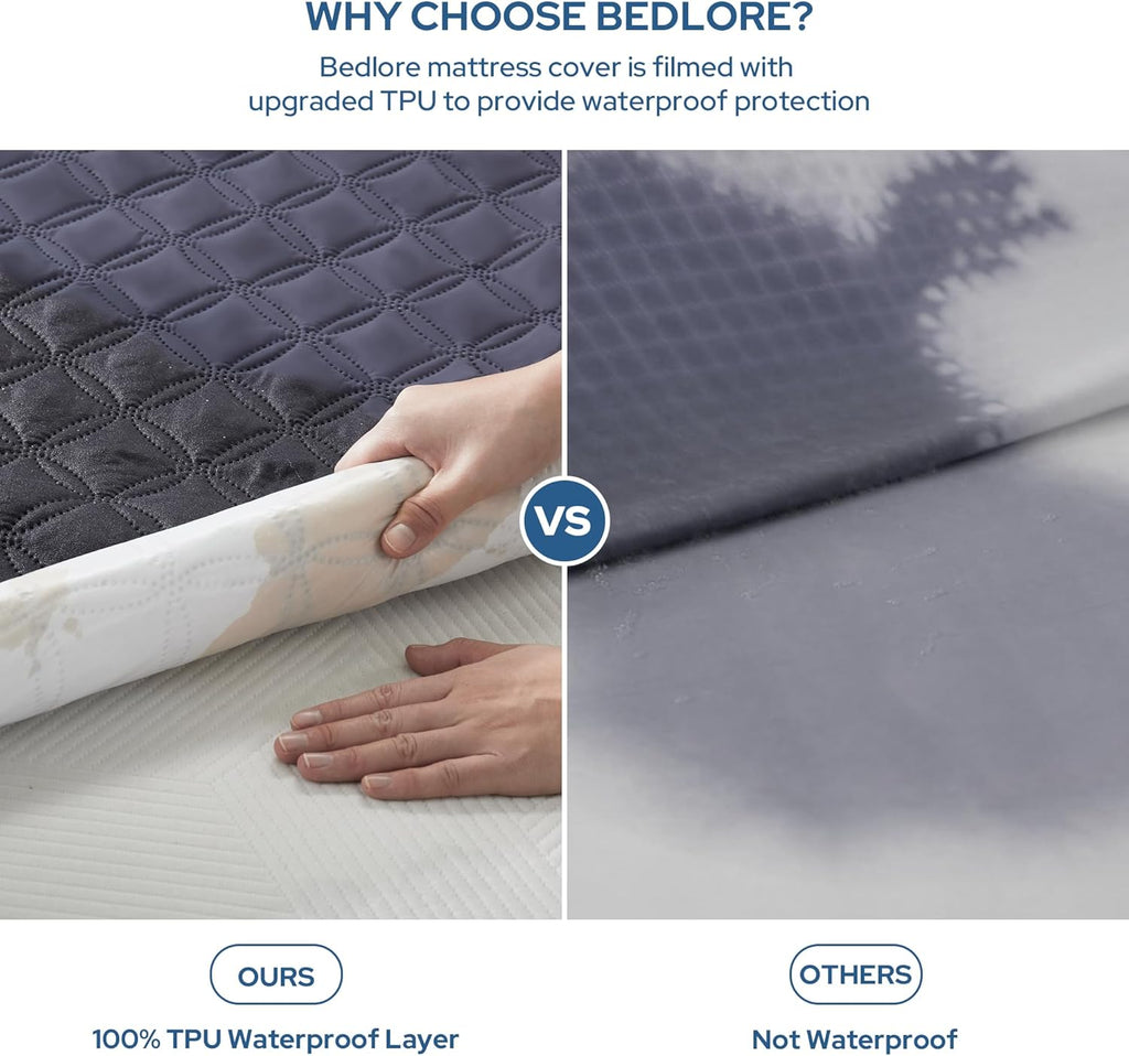 BEDLORE Waterproof Mattress Protector, Queen Size Noiseless Mattress Pad with Deep Pocket 6"-18" Depth, Soft Breathable Bed Mattress Cover Washable for Home, Bedroom, Hotel (Navy Blue)