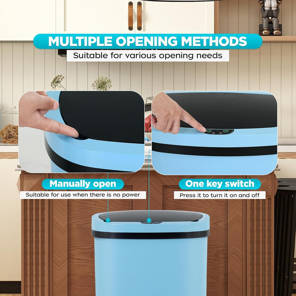 Automatic Motion Sensor Bathroom Trash Can with Lid, 13 Gallon Touchless Trash Bin, Smart Dog Proof Garbage Can, Touch Free Waste Basket for Toilet, Office, Bedroom,Blue,2