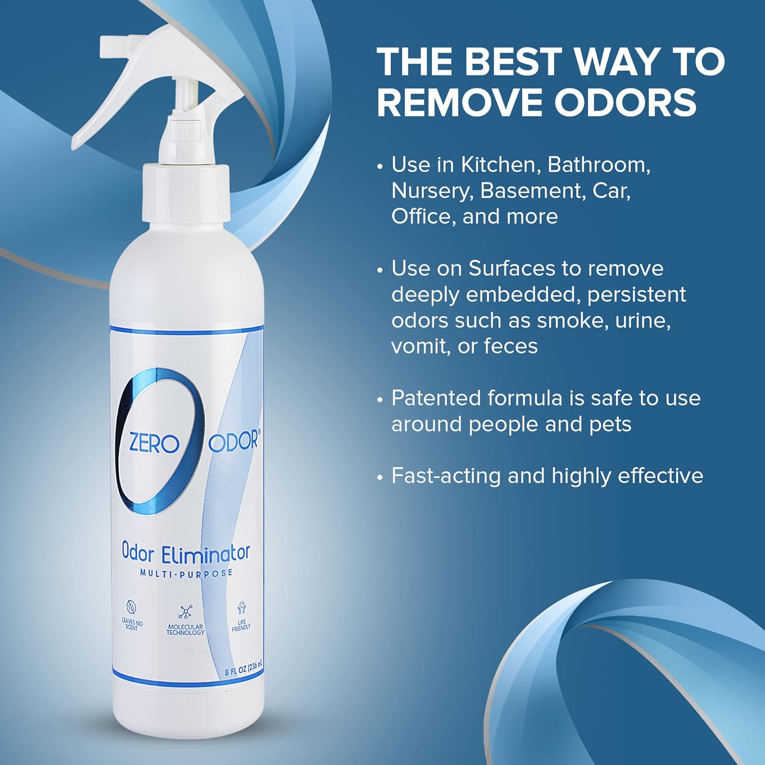 Zero Odor Multi-Purpose Odor Eliminator - Eliminate Air & Surface Odor – Patented Technology Best for Bathroom, Kitchen, Fabric, Closet- Smell Great Again, 8oz (Over 1000 Sprays)