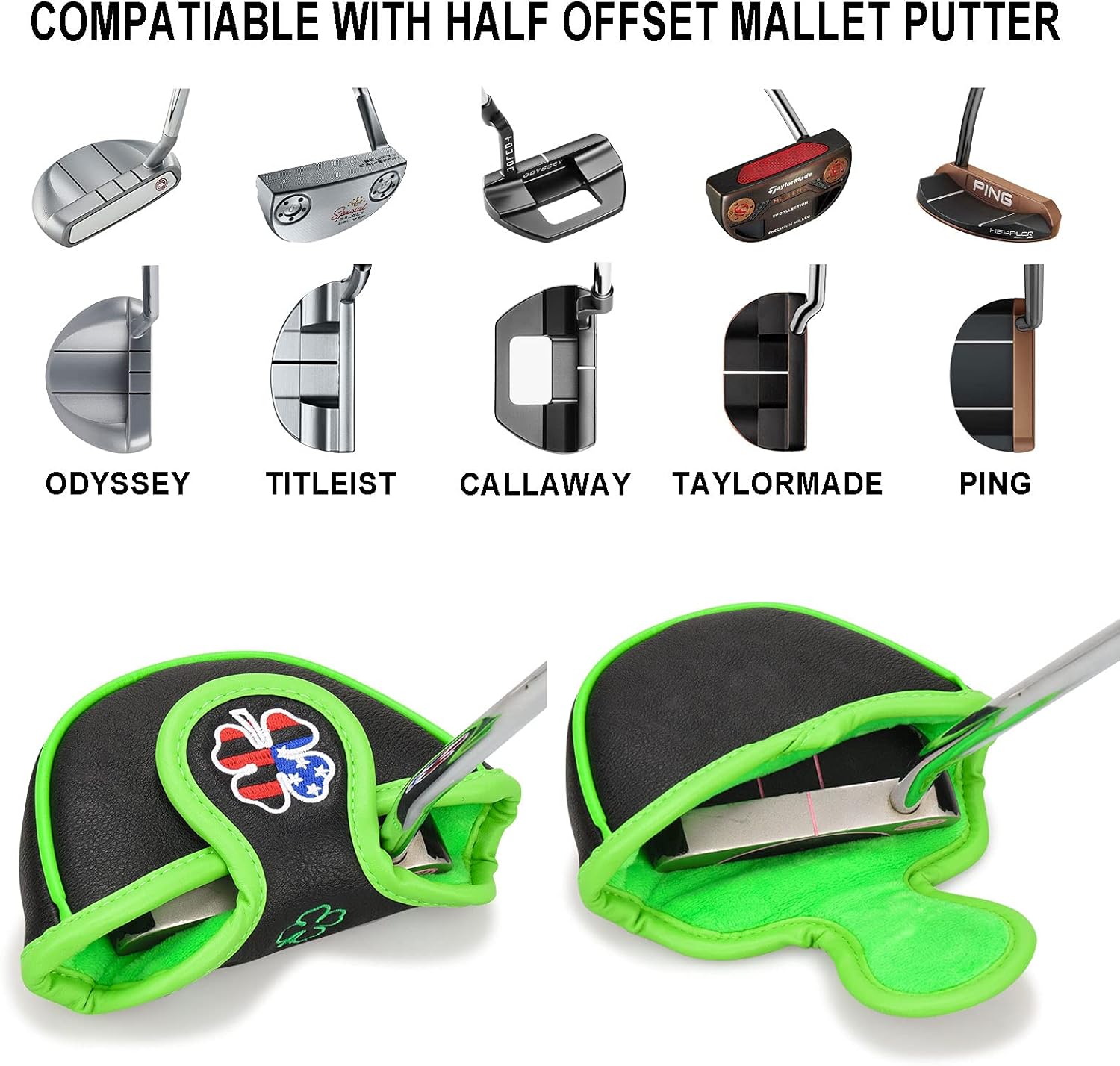 BIG TEETH Putter Cover Mallet Putter Cover Half Mallet Small Golf Headcover, Mini Club Head Protector Magnetic Closure Black Leather for Odyssey White Hot #5 Golf Rossie Tour Edge Chipper etc