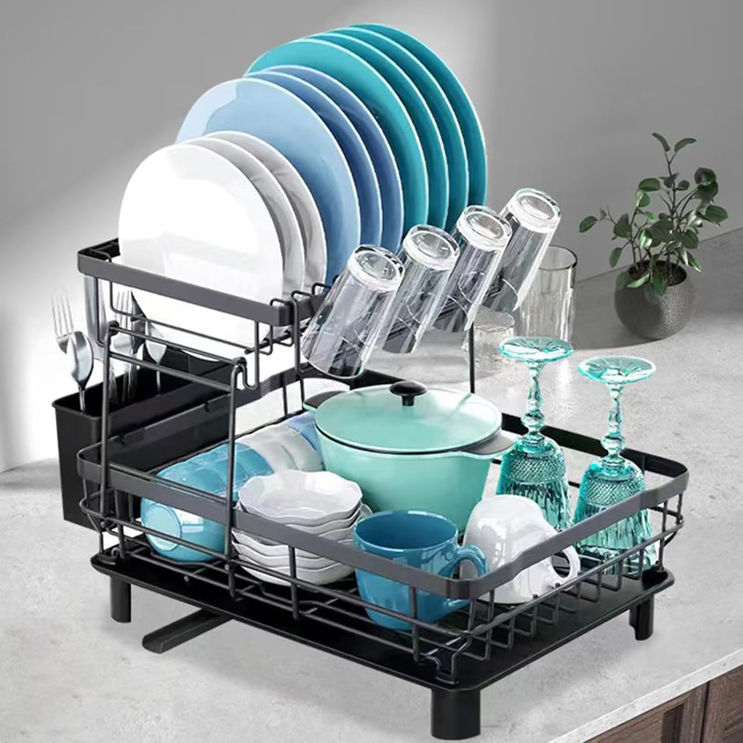 Dish Drying Rack, Space Saving & Durable, Rust-Proof Large 2 Tier Stainless Steel Dish Racks for Kitchen Counter with Cutlery & Cup Holder & Drainboard -Grey