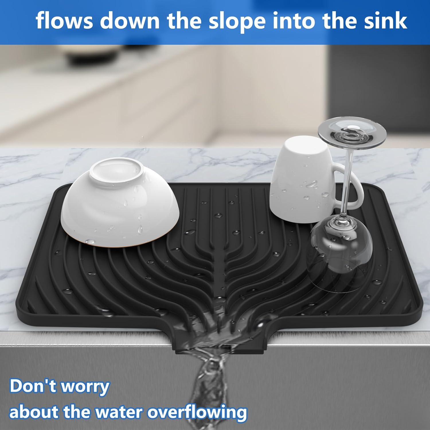 Dish Drying Matt for Kitchen Counter,18"×12"Silicone Dry Rack Mat with Built in Drain, Kitchen Dry Mats for Dishes Drying Pad for Counter(black)
