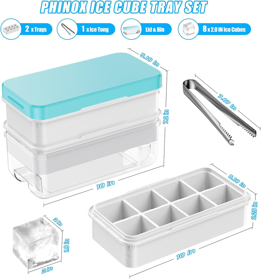 PHINOX Large Ice Cube Tray with Lid and Bin, Ice Trays for Freezer, 2 INCH Whiskey Ice Cubes Mold, 2*8 pcs Square Ice Cube Mold with Tong, Easy to Release, Large Ice Tray for Whiskey Cocktail Bourbon