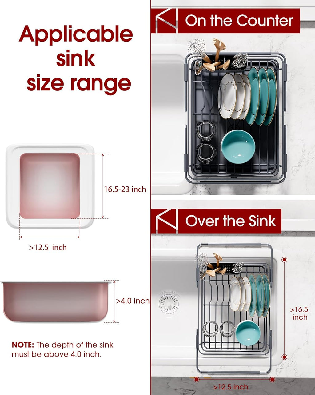 Stainless Steel Dish Drying Rack for Kitchen Counter, Sink Organization and Storage Essentials with Silverware & Utensil Holder, Home and Apartment Decor, 12" W x 16.1~23" L, Gray
