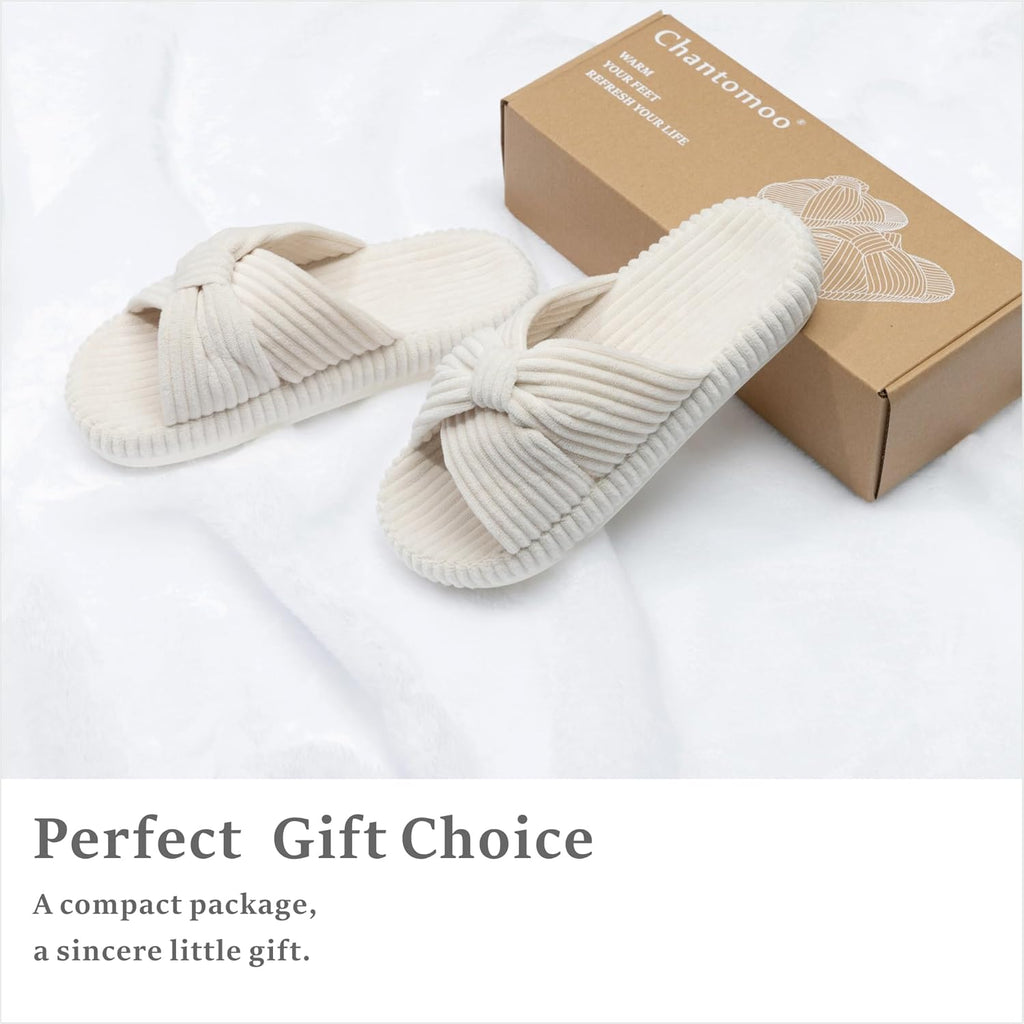 Chantomoo Slippers for Women Memory Foam House Bedroom Corduroy Bow Crossbands Slide Slipper Shoes Comfy Trendy Gift Slippers