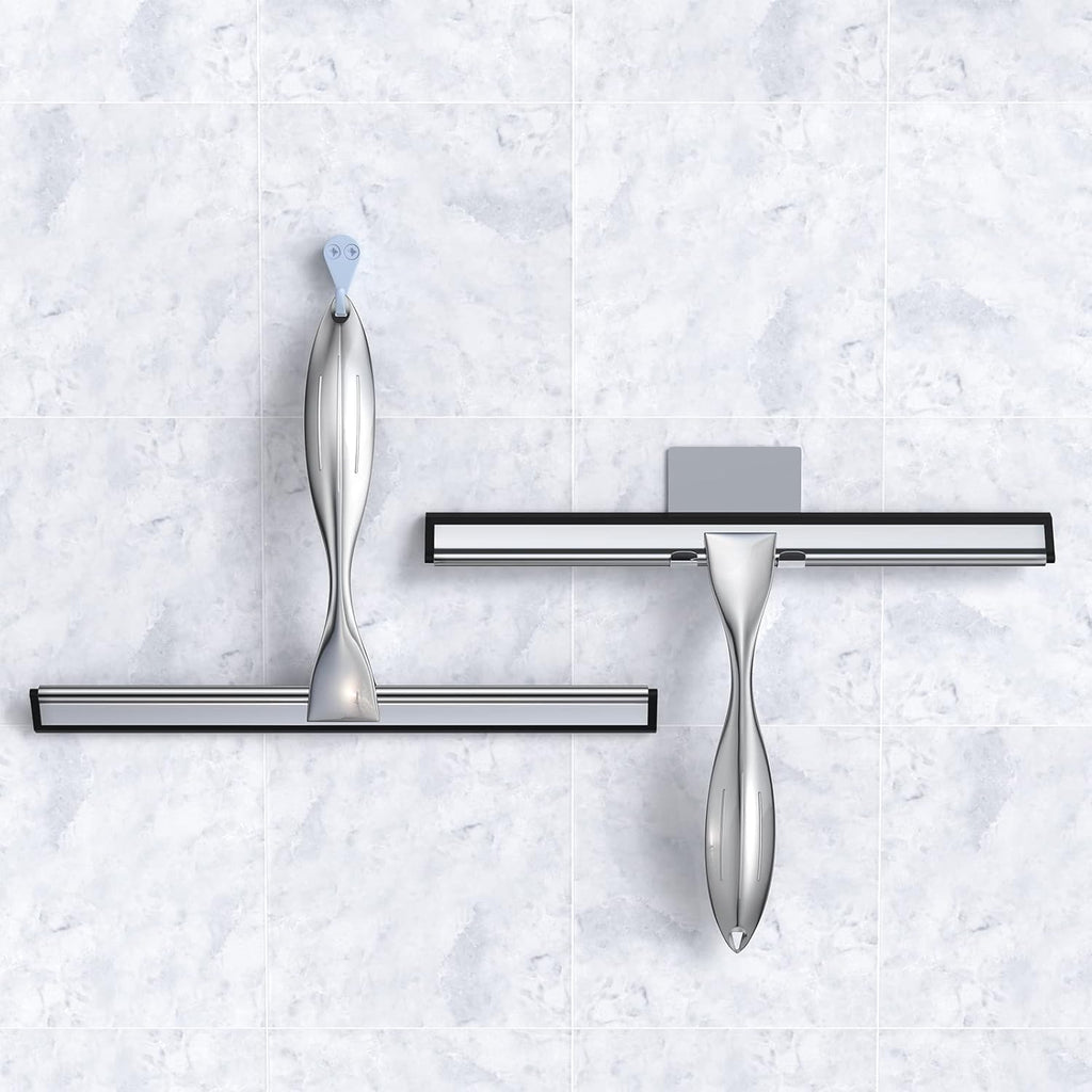 Shower Squeegee for Glass Door 12-Inch Stainless Steel Bathroom Squeegee Window Wiper, Includes Shower Door Hook, Adhesive Hook, and Spare Silicone Blade for Window Mirror Car All-Purpose Squeegee
