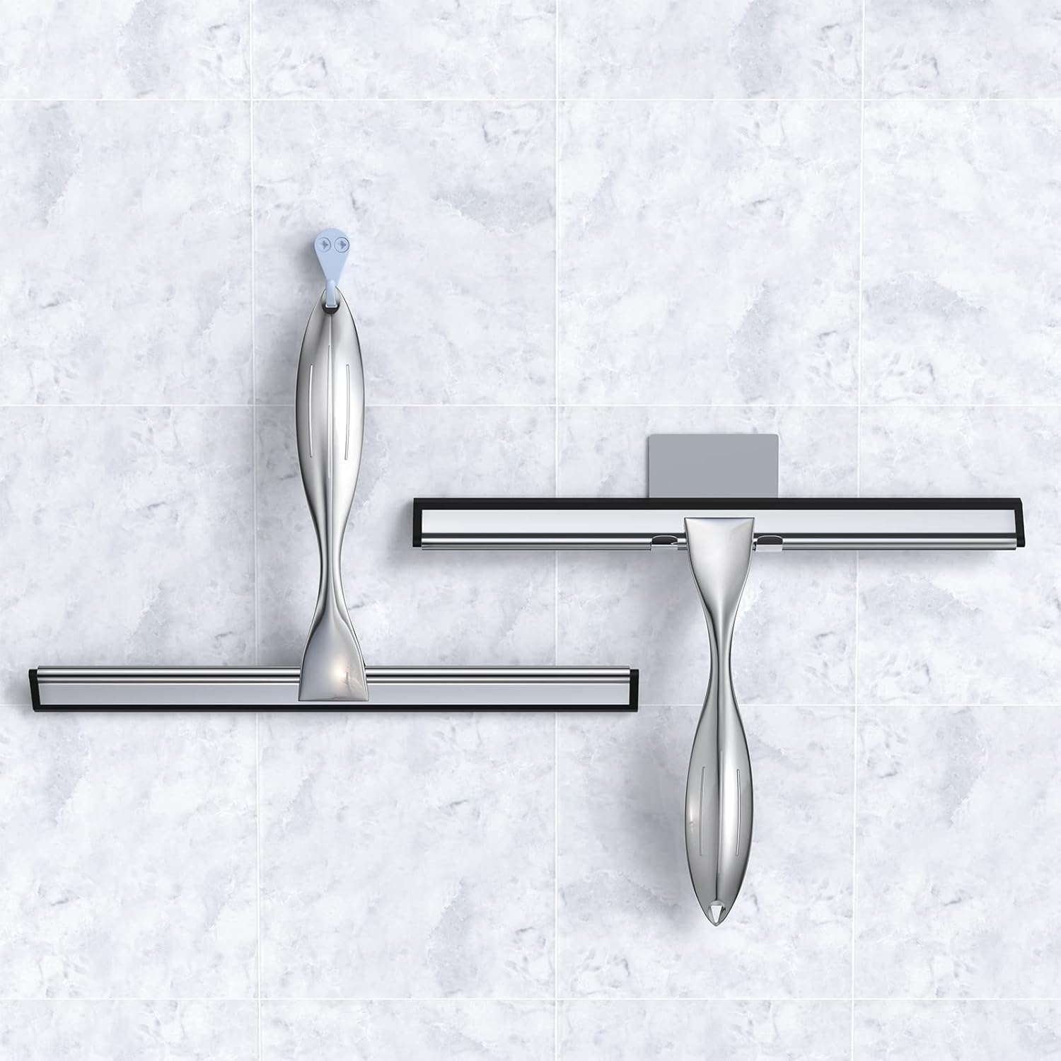 Shower Squeegee for Glass Door 12-Inch Stainless Steel Bathroom Squeegee Window Wiper, Includes Shower Door Hook, Adhesive Hook, and Spare Silicone Blade for Window Mirror Car All-Purpose Squeegee
