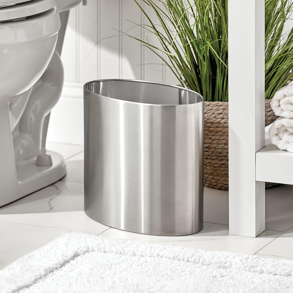 mDesign Stainless Steel Metal Oval Trash Can, 7.9 Liter/2.09 Gallon Wastebasket, Garbage Basket Bin for Bathroom, Bedroom, Kitchen, Office, Holds Waste and Recycle, Mirri Collection, Brushed/Chrome