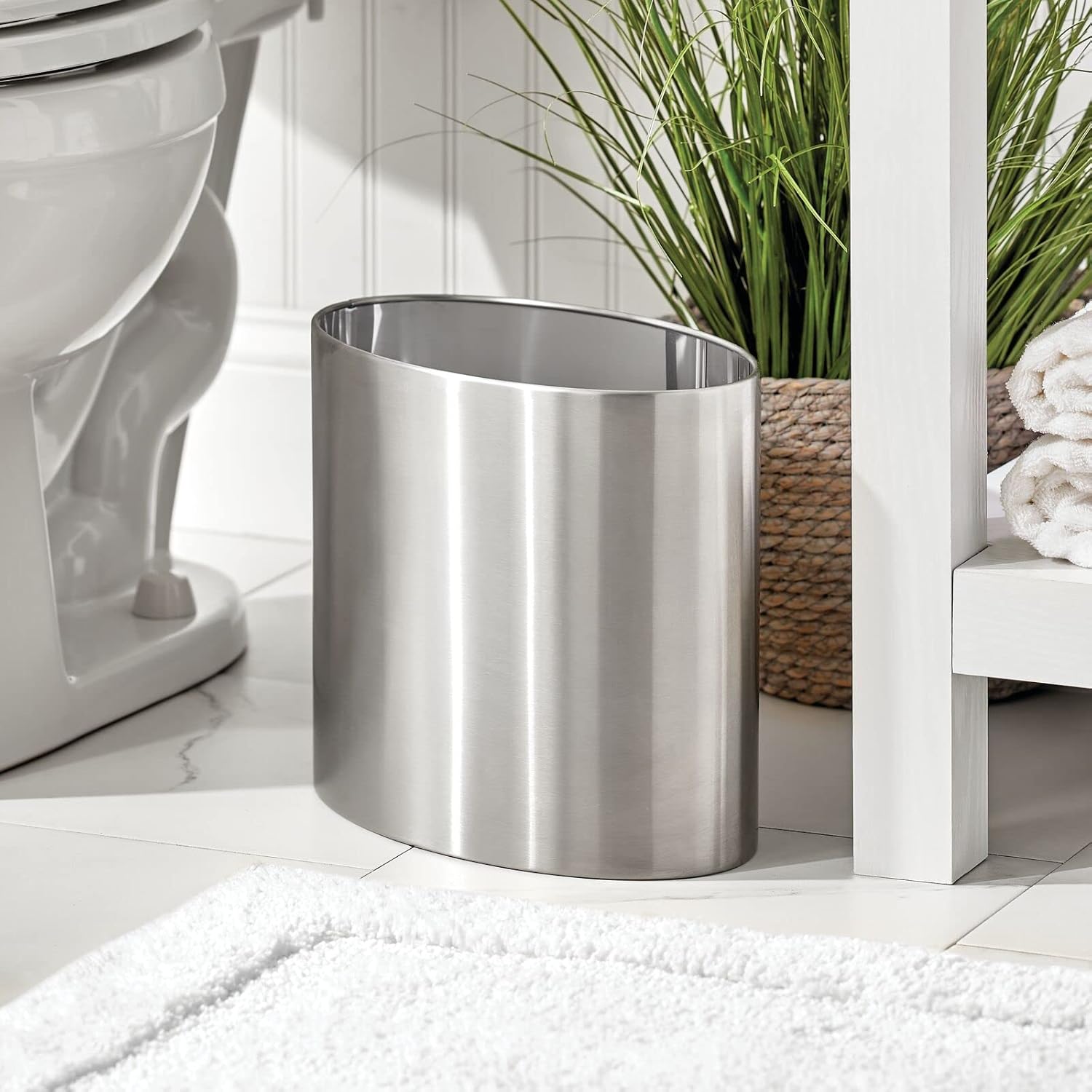 mDesign Stainless Steel Metal Oval Trash Can, 7.9 Liter/2.09 Gallon Wastebasket, Garbage Basket Bin for Bathroom, Bedroom, Kitchen, Office, Holds Waste and Recycle, Mirri Collection, Brushed/Chrome