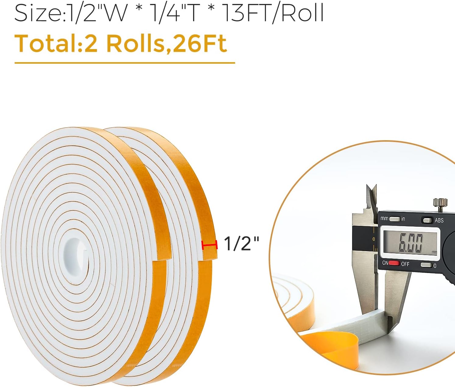 26 Feet Weather Stripping Door Seal, 1/2" Wide X 1/4" Thick Door Seal Strip High Density Foam Tape Adhesive Strip for Door Soundproofing,Window Insulation (1/2" x 1/4" x 26FT,White)