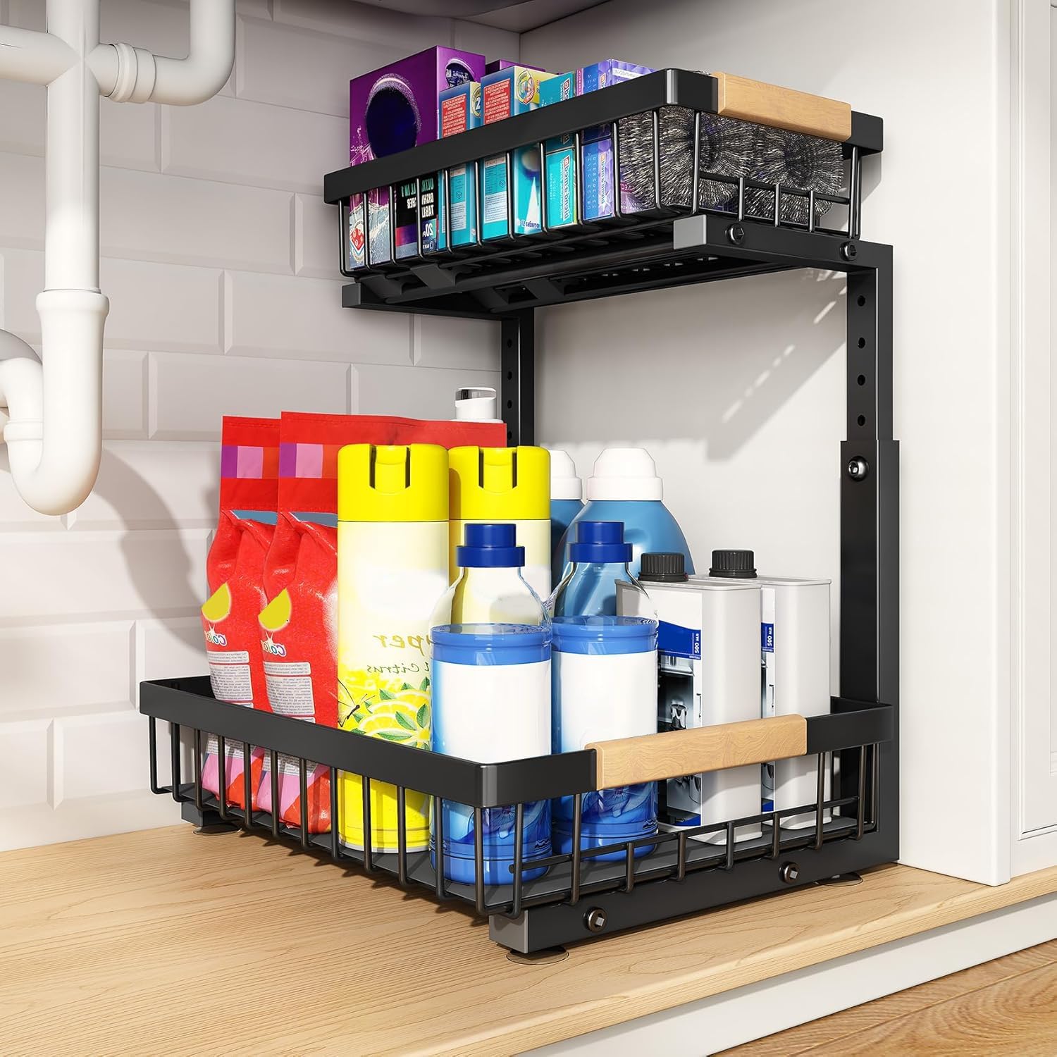 PXRACK Large Under Sink Organizer, Adjustable Height, 2-Tier Slide Out,Thickened Metal Shelf Under Sink Storage for Kitchen, Bathroom, Cabinet,Pantry,Black,1 PACK,Small Space-saving