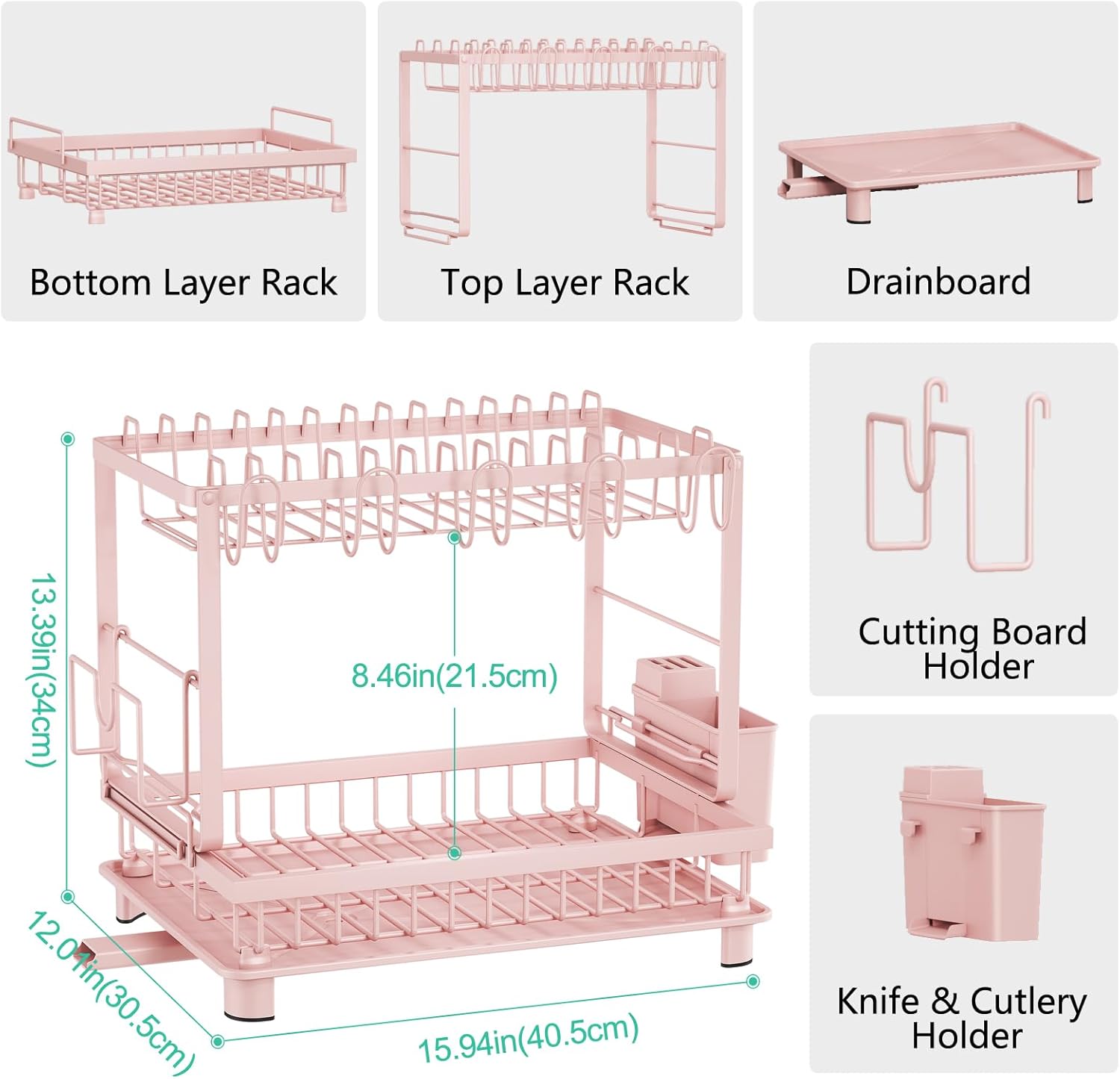 Multifunctional Dish Drying Rack - Rustproof, 2-Tier Dish Racks with Drainboard, Space-Saving Design, Utensil & Cup Holder for Kitchen Counter, Pink