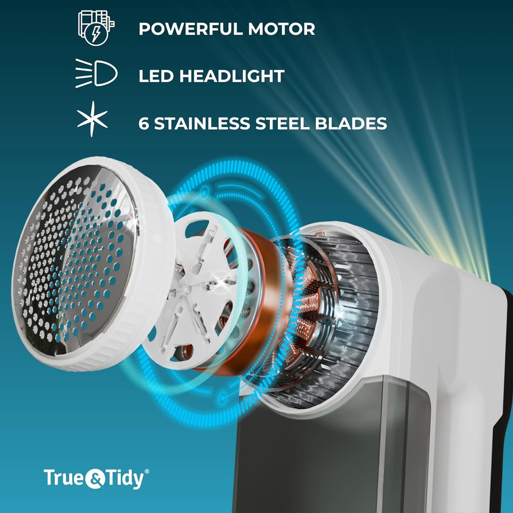 True & Tidy XL Rechargeable Fabric Shaver with Light, 6-Leaf Steel Blades, 3-Speed Motor, LED Digital Display, Lint Remover for Clothes, Furniture & Upholstery (White, Turbo)
