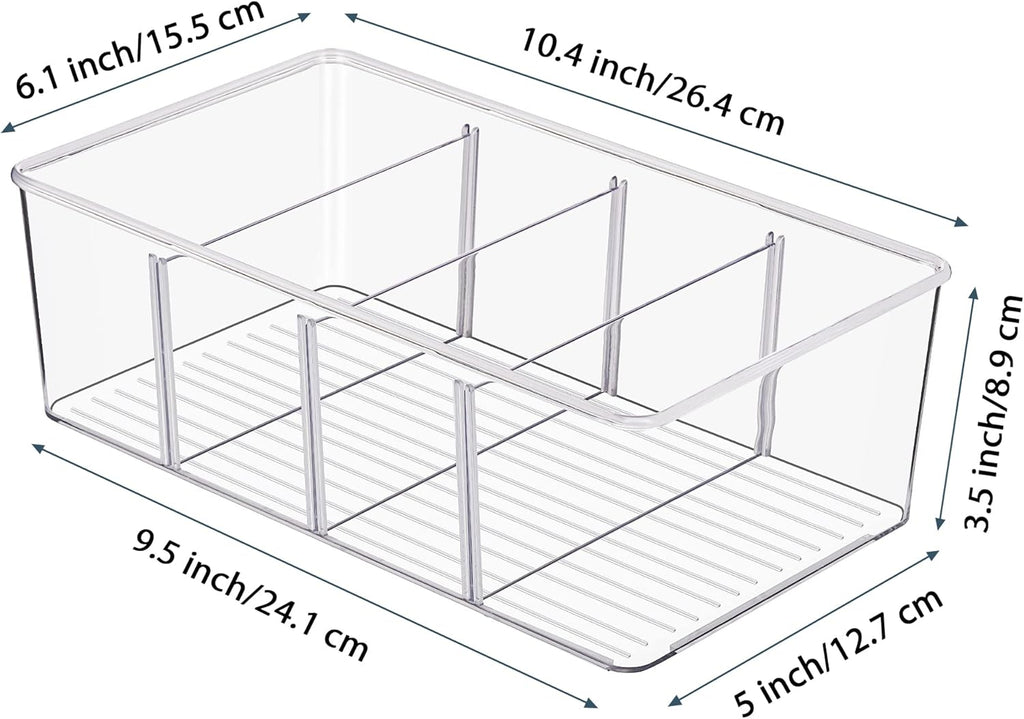 Vtopmart 6 Pack Food Storage Organizer Bins, Clear Plastic Bins for Pantry, Kitchen, Fridge, Cabinet Organization and Storage, 4 Compartment Holder Packets, Snacks, Pouches, Spice Packets