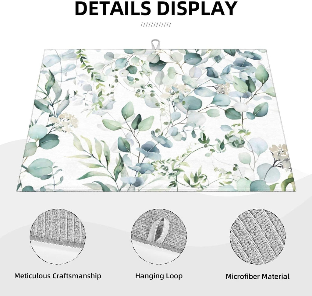 Green Floral Leaf Dish Drying Mat For Kitchen Counter 18 X 24 Inch Absorbent Dish Mat Reversible Drainer Drying Kitchen Mat