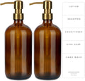 Emerson Essentials Glass Soap Bottle Dispensers, 2 Pack, Stainless-Steel Pumps Rust-Free, Hand Set for Bathroom Kitchen Sink, Liquid Lotion Shampoo Jars with 4 Waterproof Labels, 16 Oz Amber/Gold