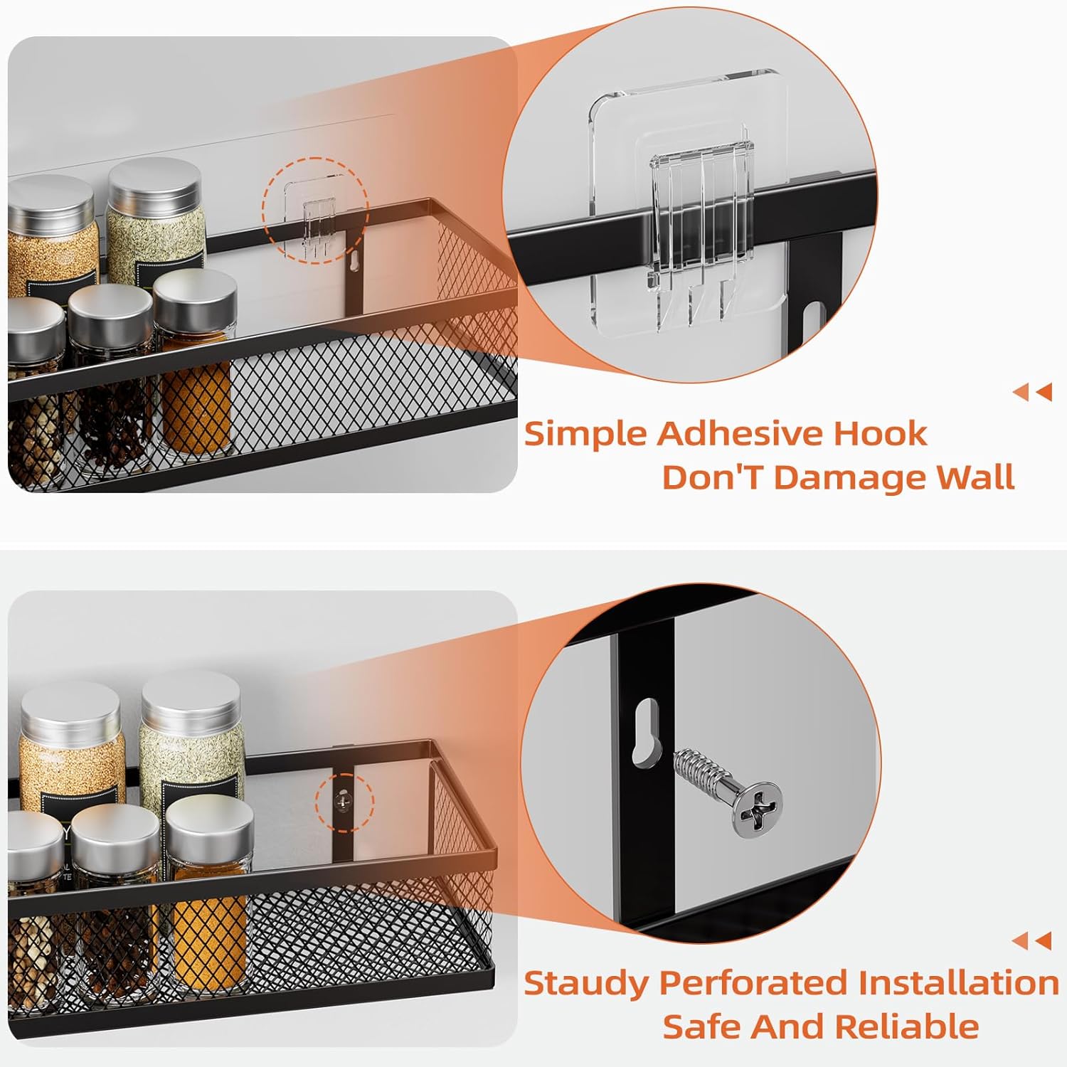 Spice Rack Wall Mount, 4 Pack Pantry Door Organizer & Hanging Storage Baskets Organizer Wall Mount, Large Capacity Metal Spice Shelf for Kitchen Cabinet, Pantry Doors, Bathroom, Shower, Home Decor