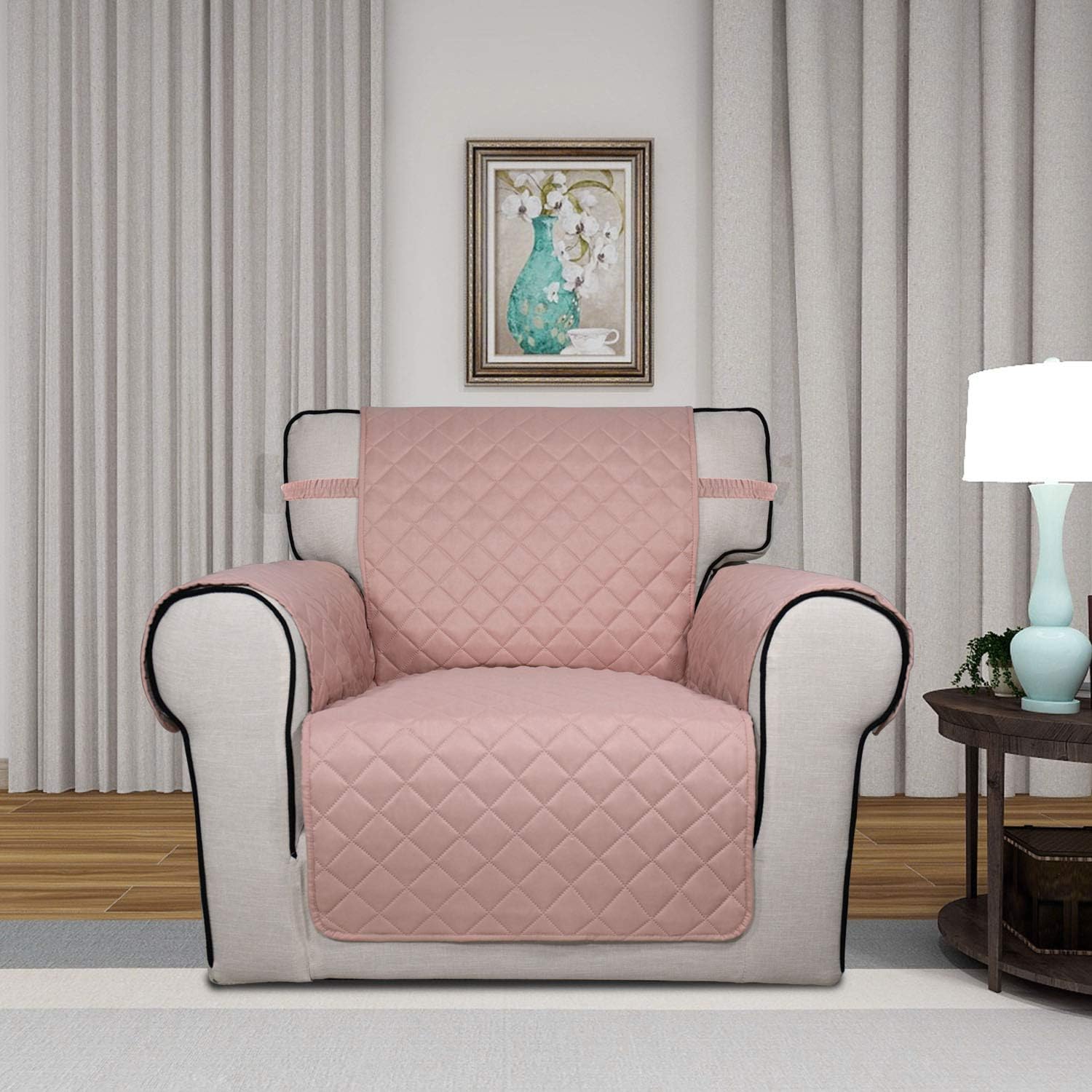 PureFit Reversible Quilted Sofa Cover, Water Resistant Slipcover Furniture Protector, Washable Couch Cover with Non Slip Foam and Elastic Straps for Kids, Dogs, Pets (Small, Pink/Beige)