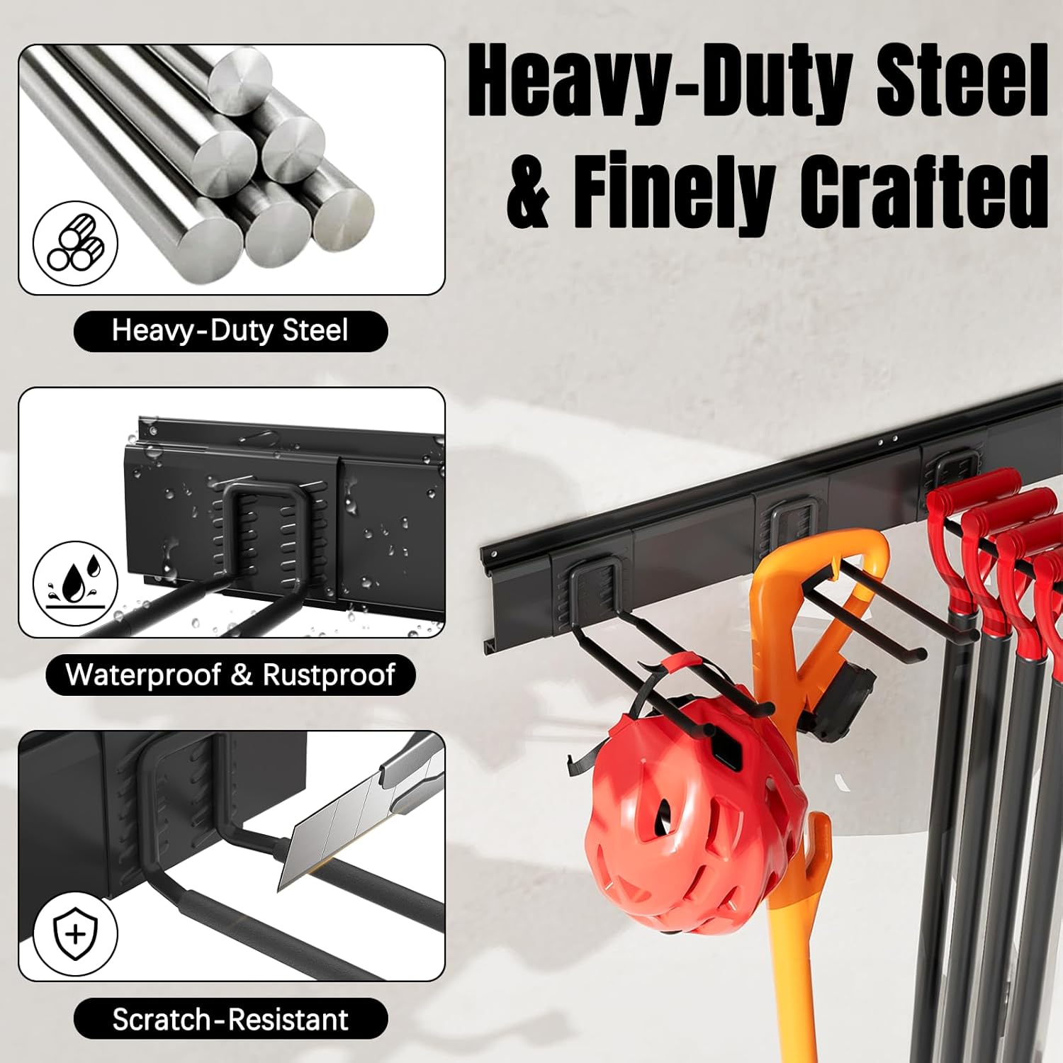Garage Garden Tool Organizer Wall Mount, Heavy Duty Garage Tool Storage Rack 64 Inches, Max Load 440lb - Shovel, Rake, Folding Chair, Weed Eater Storage