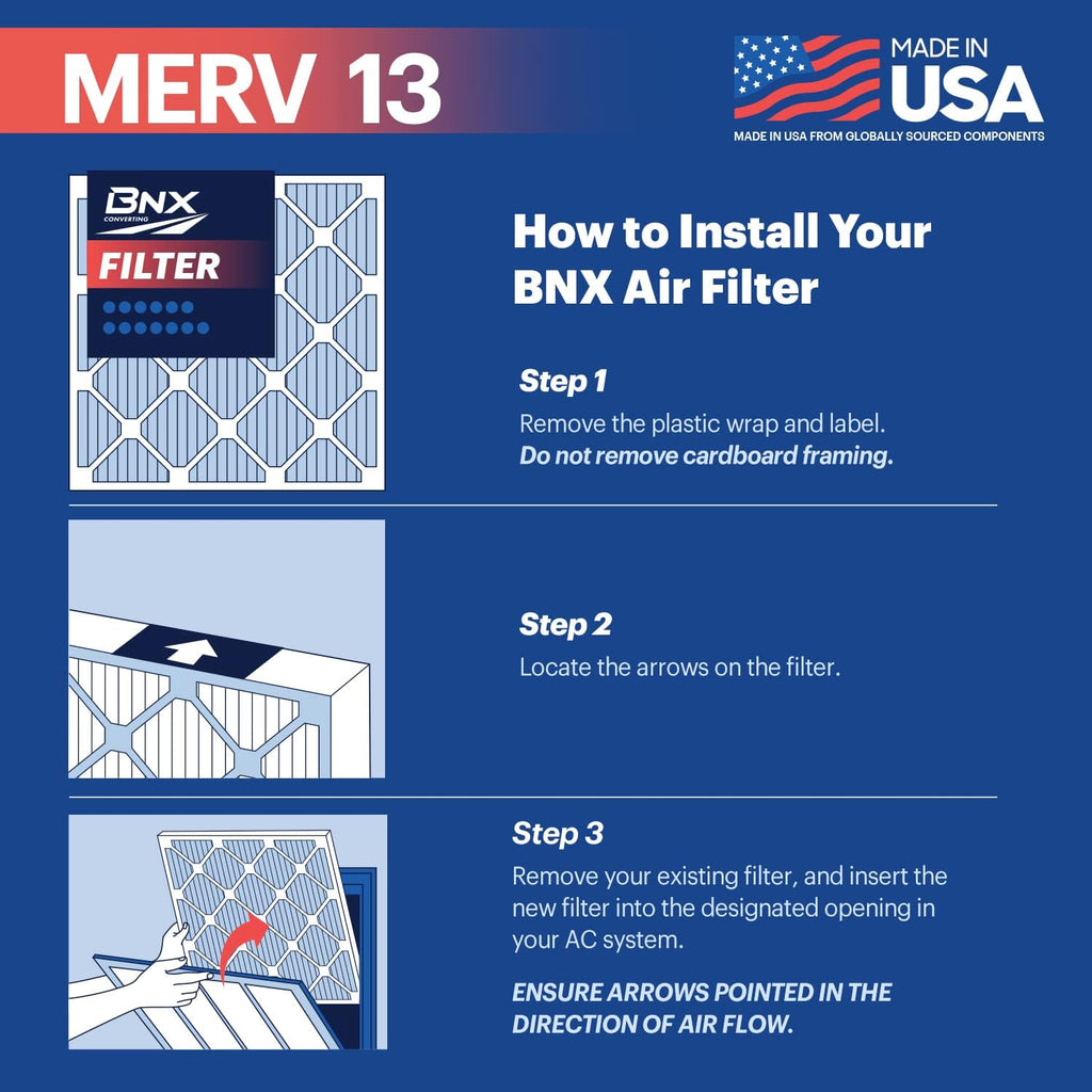 BNX TruFilter 16x20x1 Air Filter MERV 13 (6-Pack) - MADE IN USA - Electrostatic Pleated Air Conditioner HVAC AC Furnace Filters for Allergies, Pollen, Mold, Bacteria, Smoke, Allergen, MPR 1900 FPR 10