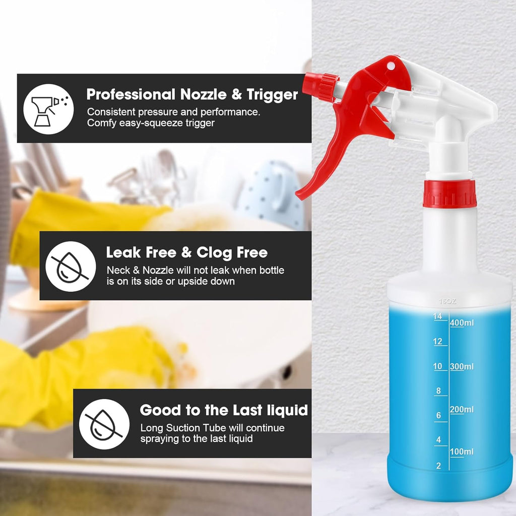 Eccliy 12 Pcs 16 Oz Plastic Spray Bottle, Adjustable Empty Reusable Sprayer for Cleaning, Planting, Water, Bathroom and Kitchen, BBQ, Commercial and Residential(Red,Measurements)