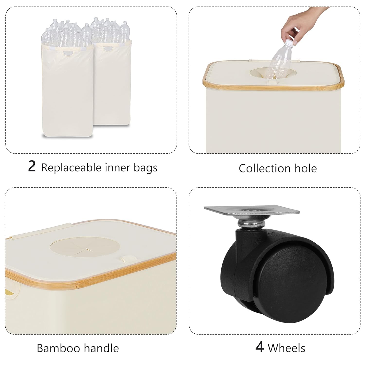 Recycling Bin for Kitchen, Indoor Home Recycle Bins with Wheel, 29 Gallons Large Recycling bin with 2 Removeable Reusable Inner Bags, for Bottles Cans Glass Plastice Cartons(Beige)