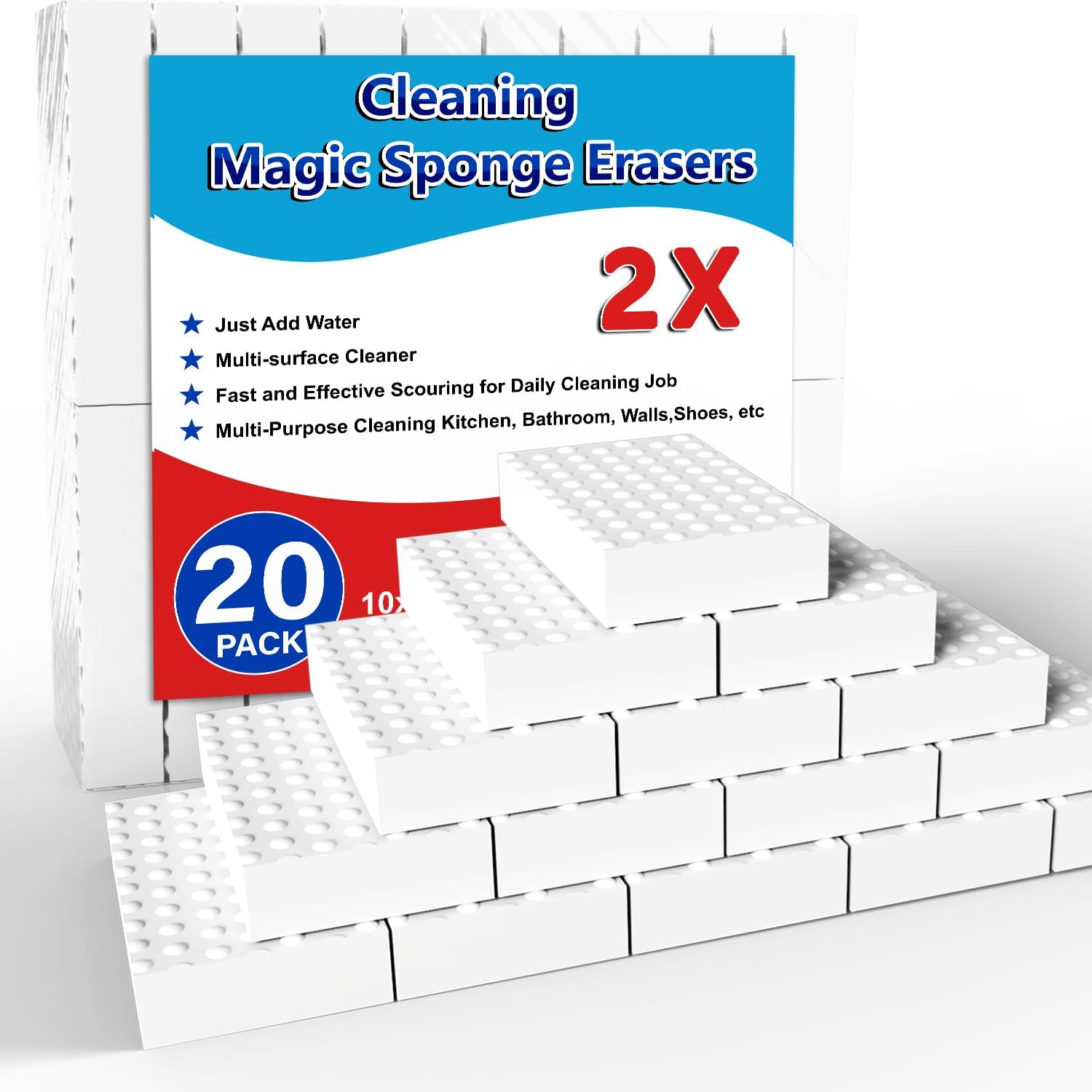Magic Sponge Erasers, 20 Pack 2X Density Stronger Melamine Sponge Foam Pads, Multi-Functional Household Cleaning Supplies Cleaner for Kitchen, Bathroom, Bathtub, Sink, Wall Cleaner