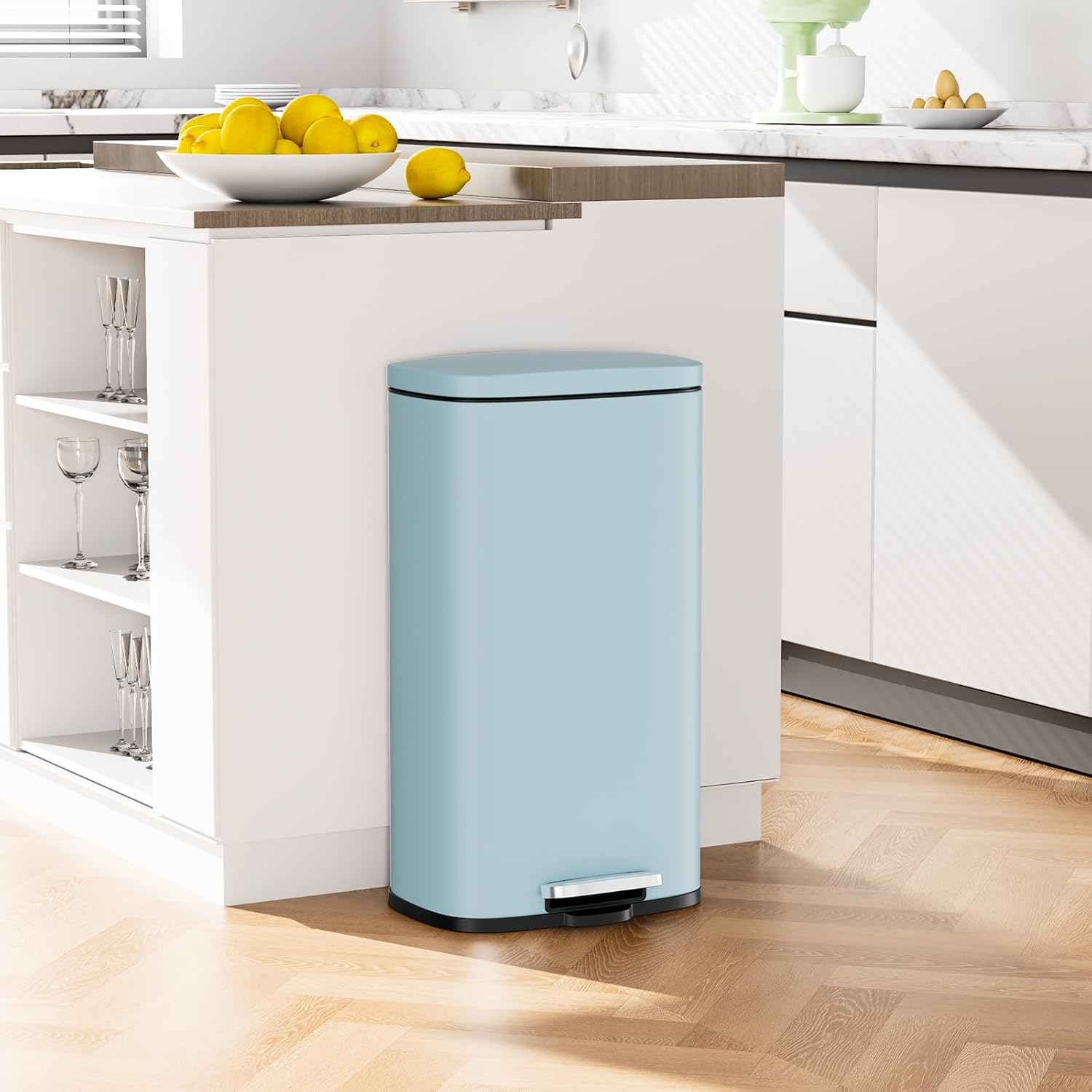 Arlopu 8/13.2 Gallon Step Trash Can, Stainless Steel Garbage Bin, Soft-Close Rubbish Bin with Removable Plastic Inner Bucket, Fingerprint-Proof, Lid Dustbin, Suit for Kitchen (Tide Pool Blue, 30L)