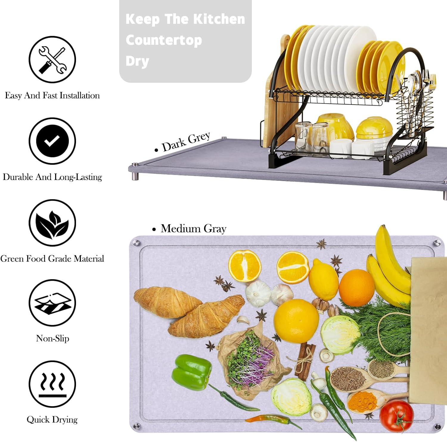 Large Diatomaceous Earth Stone Dish Drying Mats for Kitchen Counter,24"×16",Quick Drying,with 4 Non-Slip Stainless Steel Feet, Suitable for Various Countertops, Bowl Racks, Medium Gray