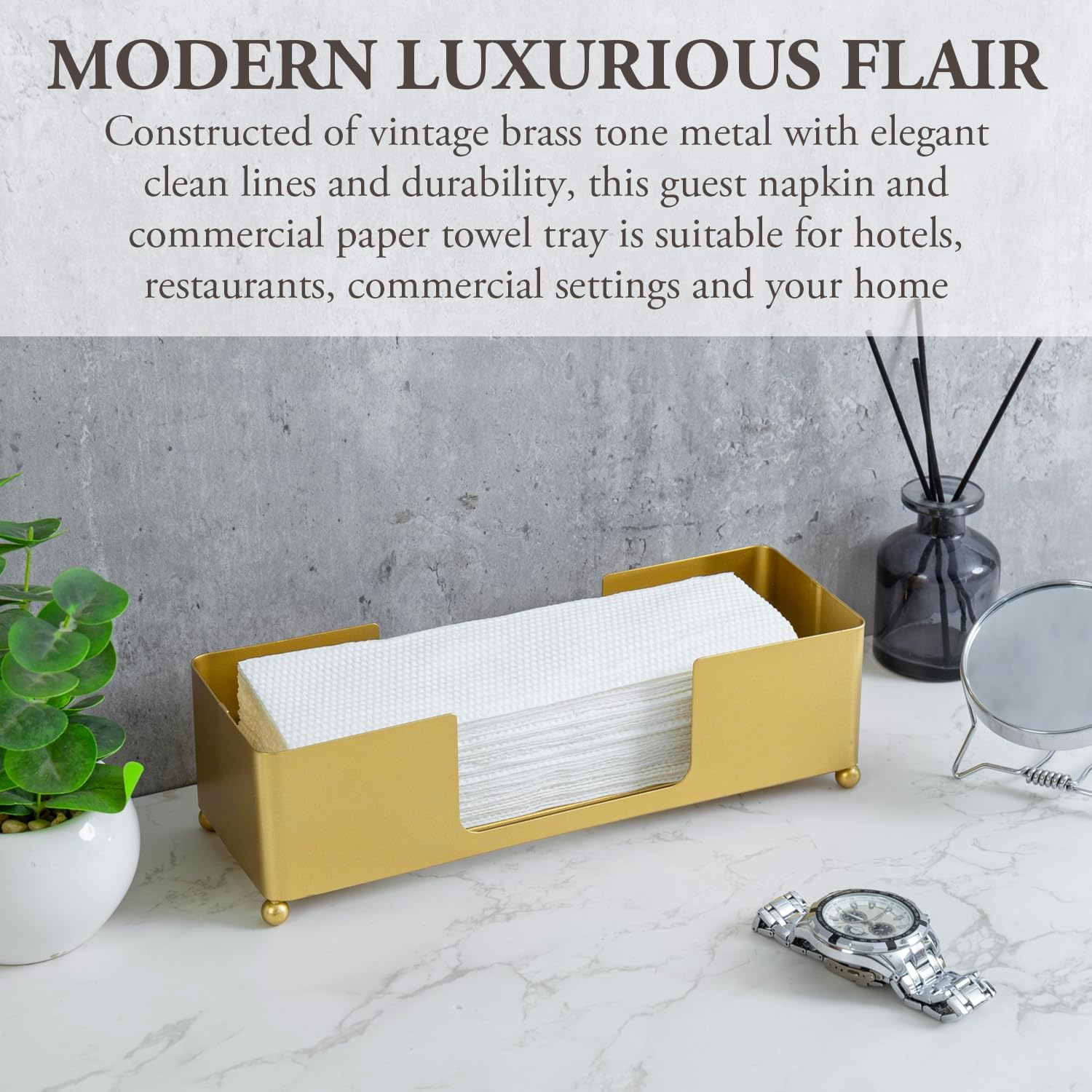 MyGift Modern Brass Tone Metal Tabletop Folded Hand Towel Holder, Commercial Countertop Tissue Dispenser Tray for Trifold, C-Fold and Z-Fold Towels, Set of 2