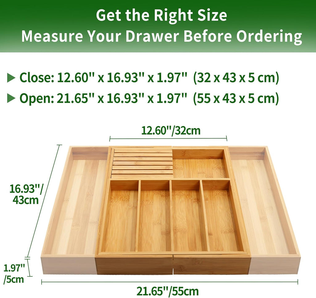 VaeFae Bamboo Silverware Drawer Organizer Kitchen, Expandable Utensil Organizer with Knife Block, Cutlery Tray with Divider, Multifunctional Wooden Drawer Organizer