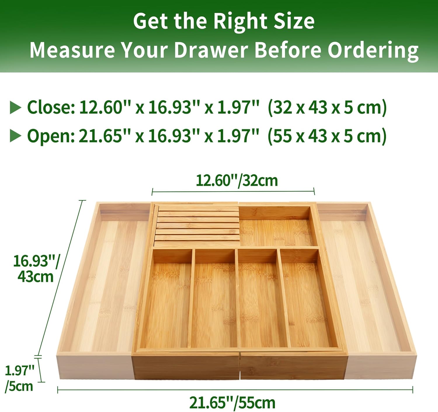 VaeFae Bamboo Silverware Drawer Organizer Kitchen, Expandable Utensil Organizer with Knife Block, Cutlery Tray with Divider, Multifunctional Wooden Drawer Organizer