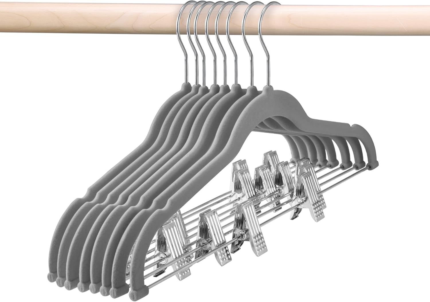 HOUSE DAY Velvet Skirt Hangers 12 Pack, Gray Velvet Pant Hangers with Adjustable Clips, Space Saving Slim Shorts Hanger, Heavy Duty Non Slip Clip Hanger for Pants, Skirts, Shorts