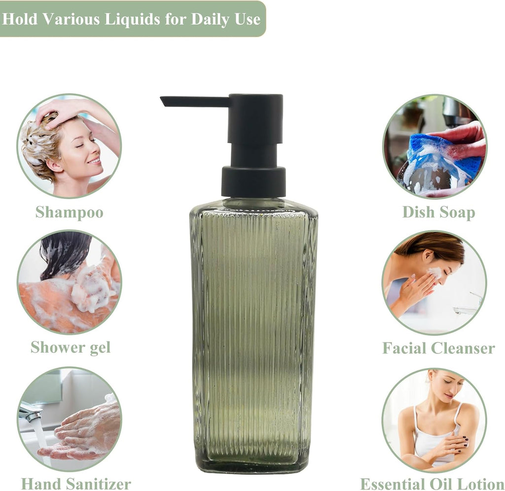 Green Glass Soap Dispenser with Black Pump, 12oz Refillable Liquid Hand Dispenser, Lotion Dish Soap Dispenser for Modern Home Decor, Bathroom, Kitchen Countertop, Hotel