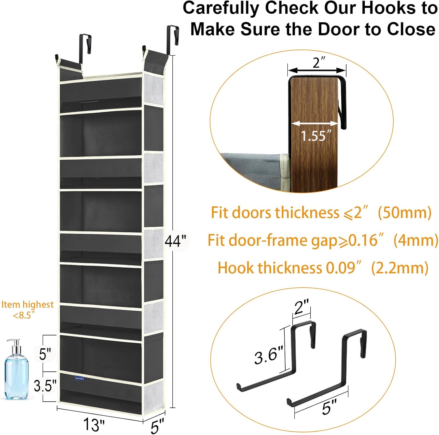 2 Pack Over The Door Hanging Organizer 5-Shelves and 10 Side Pockets, Over The Door Storage for Bathroom and Bedroom, Back of Door Organizers for Kid's Toys (13"x5"x44", Black)