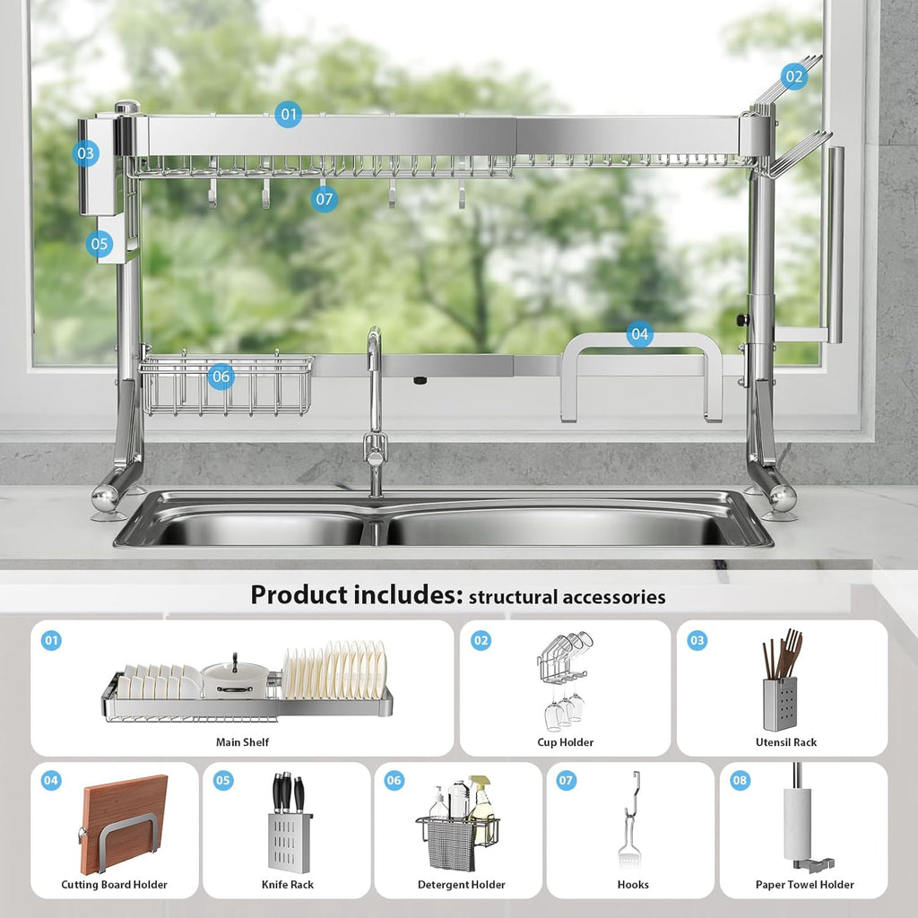 Over The Sink Dish Drainer Drying Rack, 2 Tier Adjustable Width (20.87'' to 37.6'') 304 Stainless Steel Large Over Sink Dish Drying Rack for Kitchen Counter Organizer, (Silver)