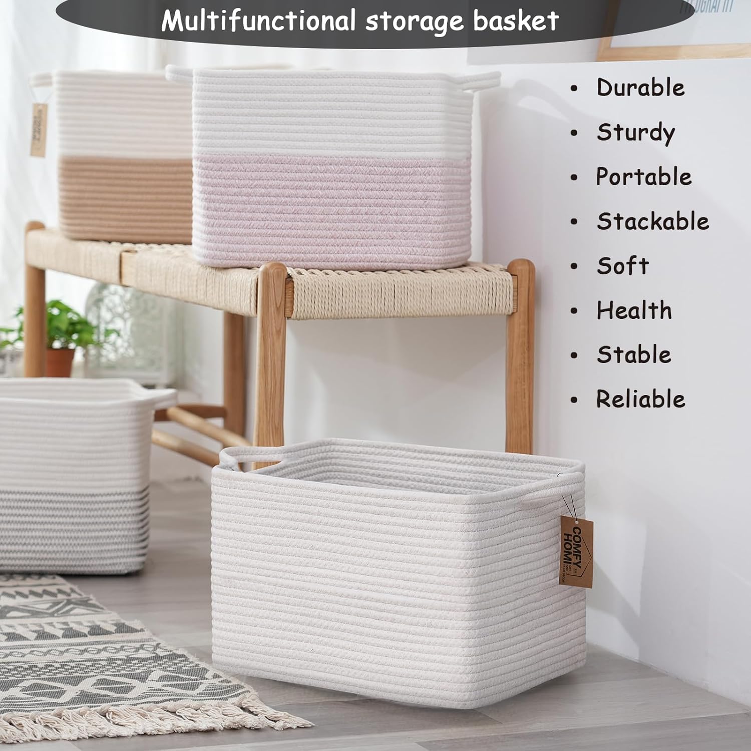 COMFY-HOMI 3PACK Cotton Rope Square Basket with Handles for Shelves|Dog Toy Basket Bin and Storage|Baby Basket for Gif|Shoe basket for Organizing|New13.5" x 11" x 9.5" for Living Room（All White）