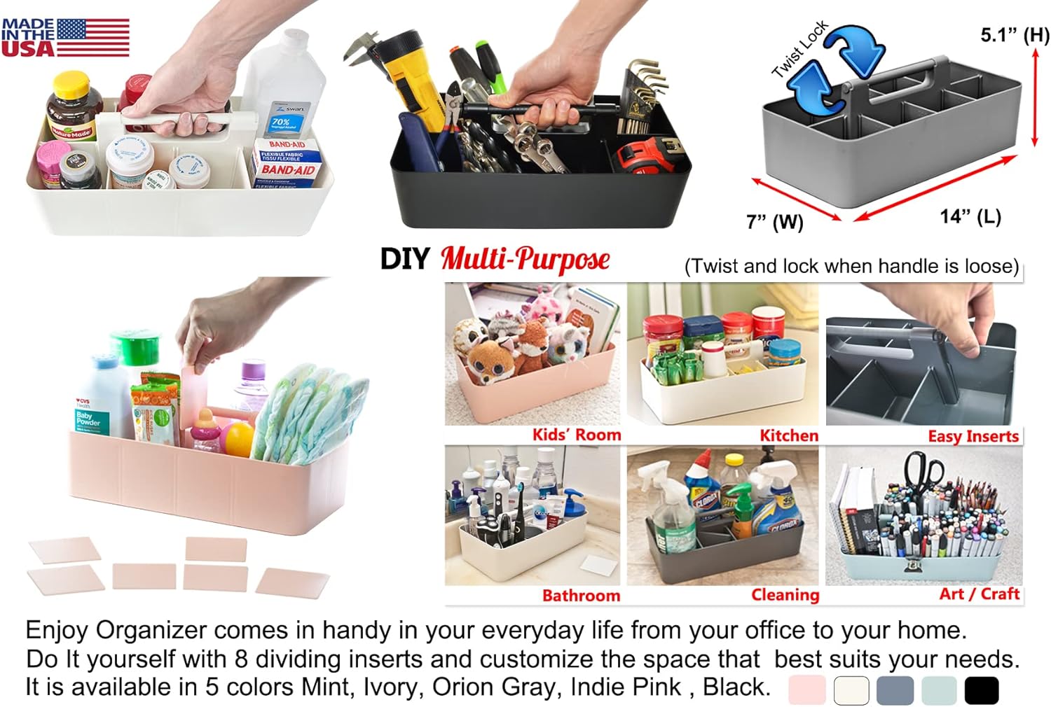 2 PACK Portable DIY 8 Dividers Durable Plastic Tote Tool & Supply Cleaning Caddy with Handle Made In USA (Lavender)