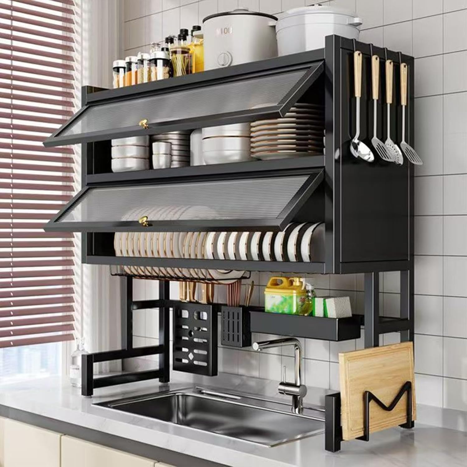 Over The Sink Dish Drainer Drying Rack 4 Tiers with Cover, Keep Kitchen Sink Shlef Organized Space-Saving Dish Drying Rack, Large Drying Rack for Dishes, Glasses, Bowls, Cutlery W-29.5in