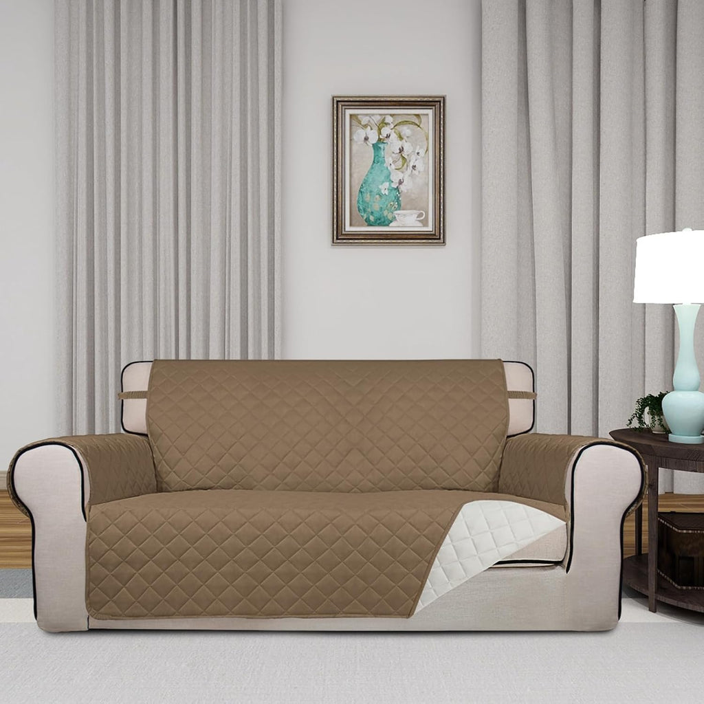 PureFit Reversible Quilted Sofa Cover, Water Resistant Slipcover Furniture Protector, Washable Couch Cover with Non Slip and Elastic Straps for Kids, Dogs, Pets (Oversized Loveseat, Camel/Ivory)