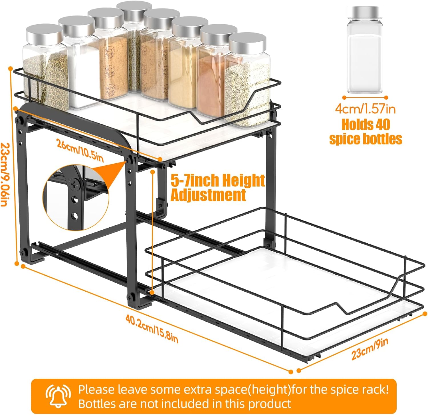 Spice Rack Organizer for Cabinet, 2 Tier Vertical Pull Out Spice Rack – Heavy Duty Metal Spice Organization for Cabinet, 40-Jar Capacity, Height Adjustable Cabinet Organizer (9"W×10.5"D×9"H, Black)