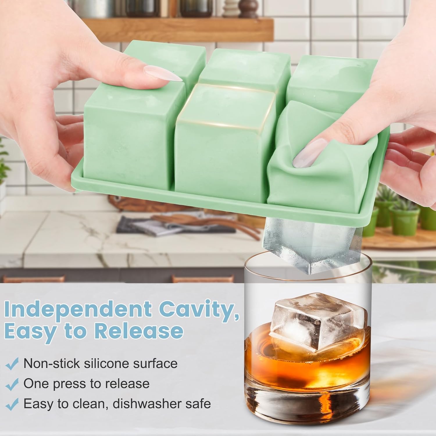 Large Silicone Ice Cube Tray 3Pack, SAWNZC Big Square Ice Cube Molds for Whisky Cocktail, Ice Maker Tray with Lid for Freezer, Easy Release (3, Blue+Green+Purple)