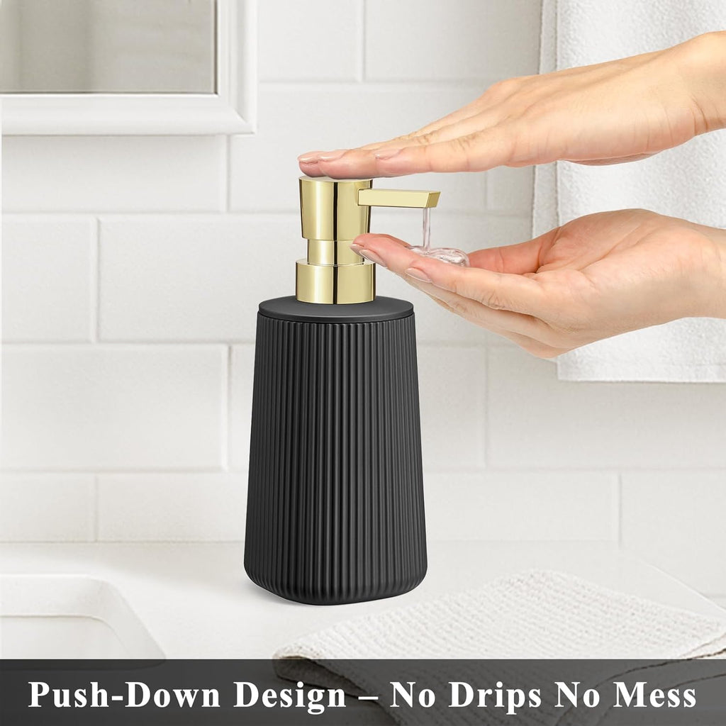 Black and Gold 2 Pack Hand Soap Dispensers with No Rust Pump for Bathroom and Kitchen Countertops Refillable Striped Matte Plastic 8.5 oz