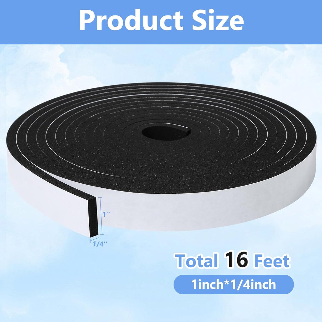 Weather Stripping Door Seal Strip- 1 Inch X 1/4 Inch X 16Feet, Strong Adhesive, Lightproof, Soundproof, Weatherproof Foam Tape Insulation for Sliding Door, Front Door Frame, Windows- Black