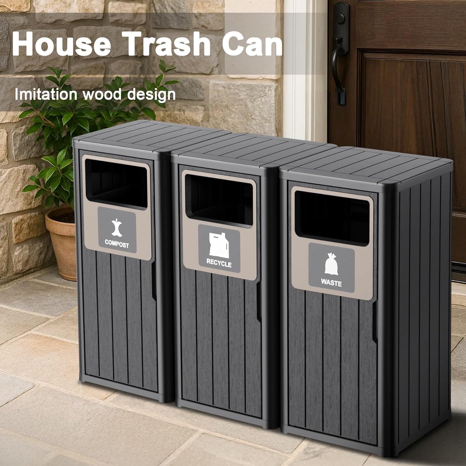 ROJIK 35" Tall Outdoor Trash Can,Weatherproof Resin Garbage Indoor Durable Lightweight,Suitable for Patio Office Kitchen,Easy to Clean,Assemble(Waste&Recycle&Composter, Black)
