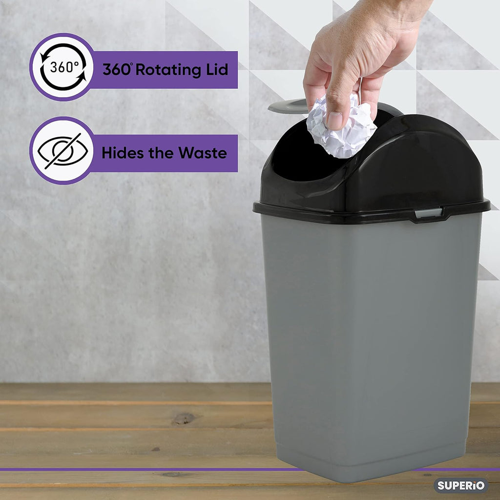 Superio Small 2.5 Gallon Plastic Trash Can with Swing Top Lid, Compact Slim Waste Bin for Under Desk, Office, Bedroom, Bathroom, Dorm Room, 10 Qt. Portable Garbage Can (Grey/Black)