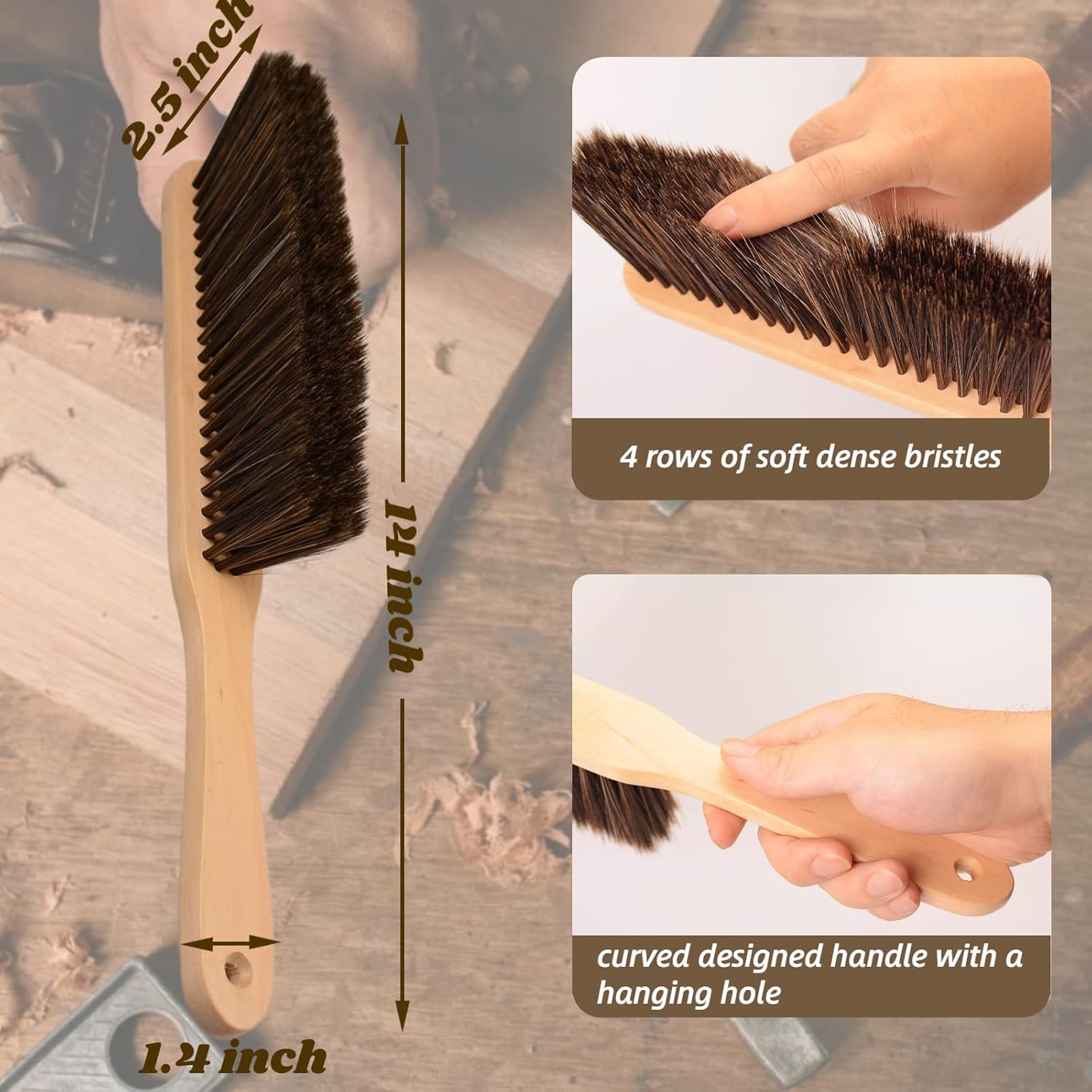 2 Pieces Woooden Dust Brush Hand Broom Bench Brush with Long Wood Handle Whisk Broom Soft Bristle Brush for Counter Bed Sofa Car Fireplace Clothes Household Cleaning(Khaki)